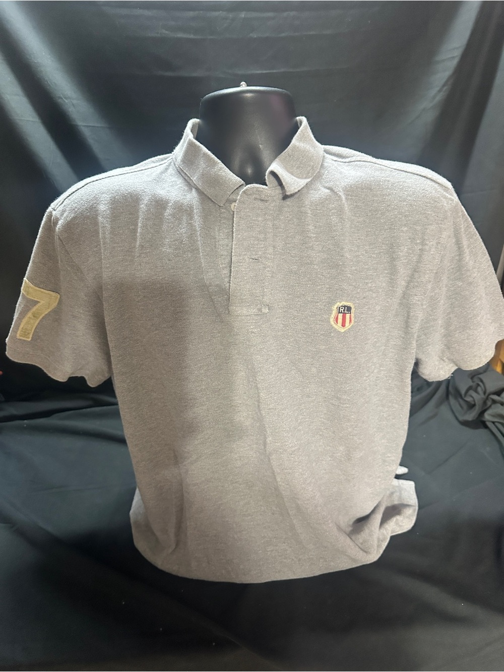 Grey Polo  Embroidered Shield Patch-retro Polo Jeans company Polo-size L-#560